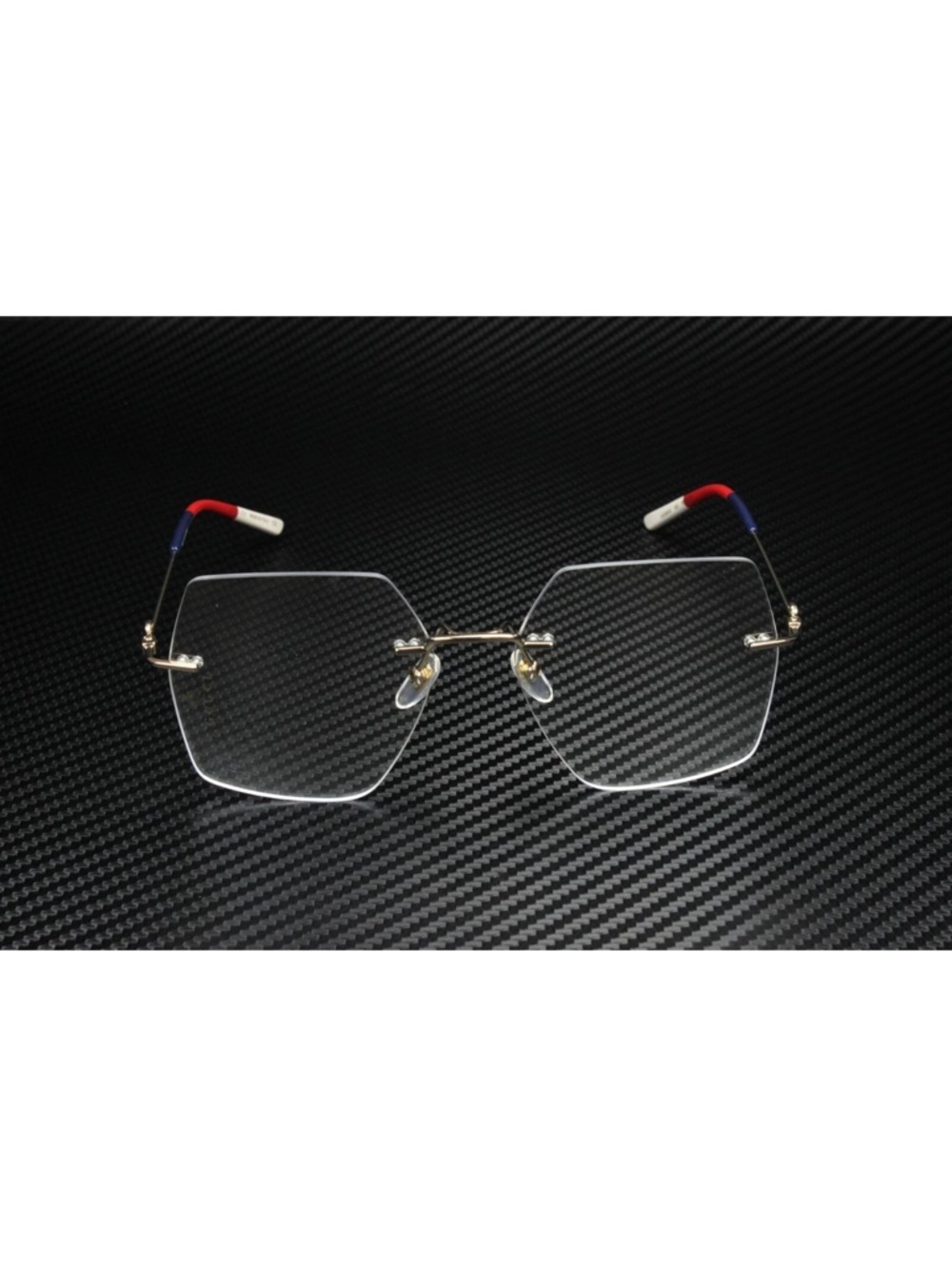 Gucci Hexagon Rimless Sunglasses with Gold Bridge and Clear Lens with Gucci logo - Picture 3 of 4